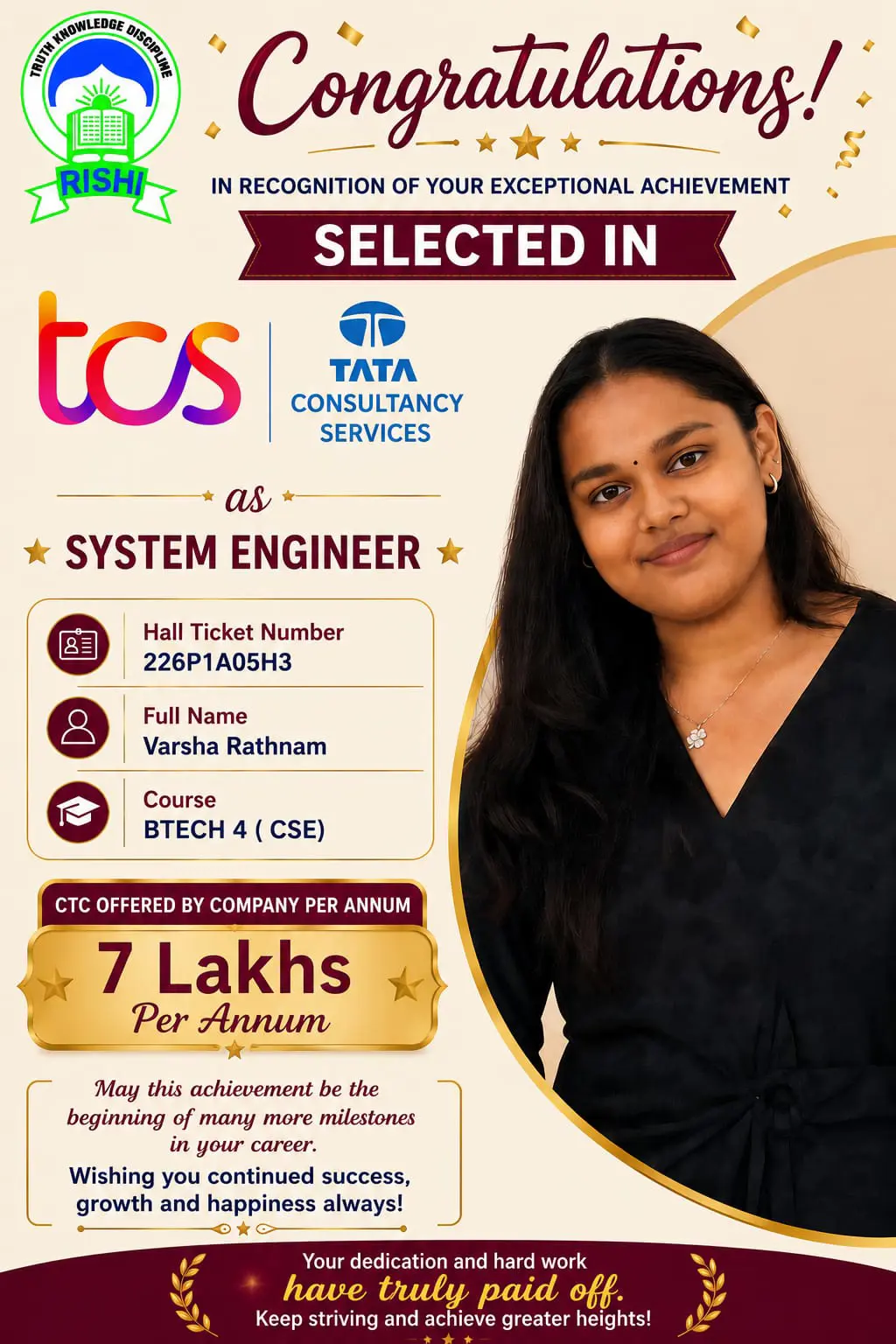 Varsha Rathnam - IV Yr CSE - 7 LPA at TCS as System Engineer - RITW